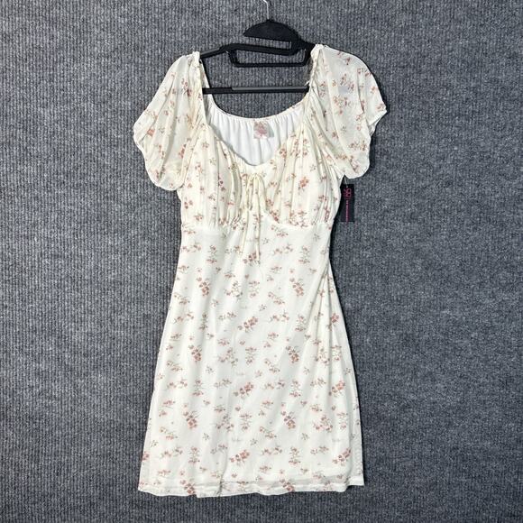 No Boundaries Womens Mini Dress Juniors Sz XL Cream Floral Coquette Short Sleeve - Picture 1 of 10
